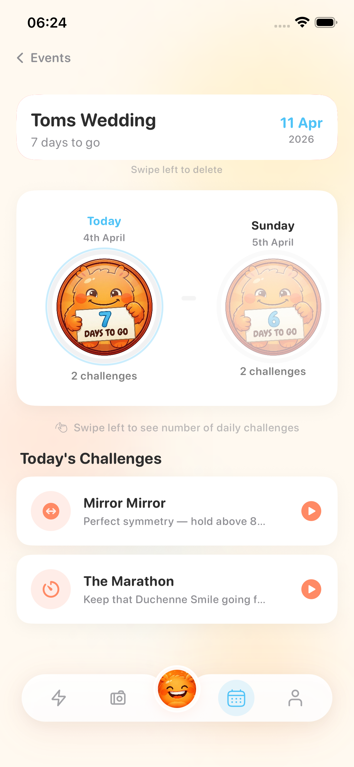 Event preparation with countdown and daily challenges
