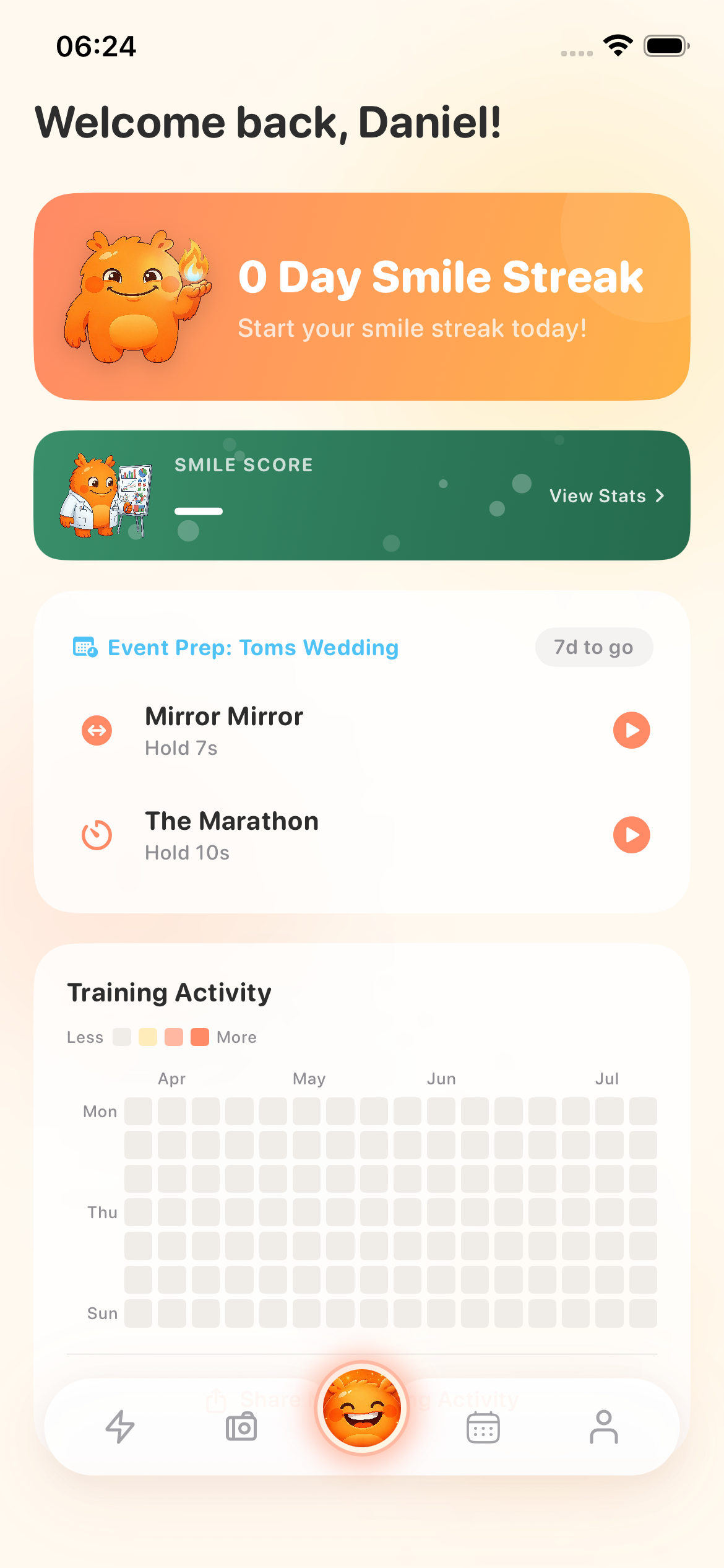Duchenne Smile Coach home screen showing streak card, daily challenges, and training activity